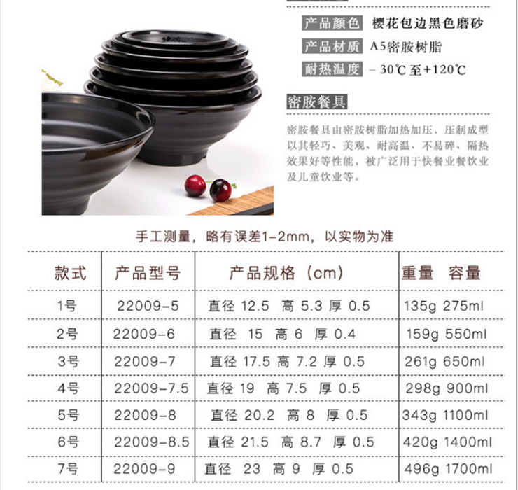 A5密胺仿瓷餐具黑色磨砂櫻花日式螺紋拉麵碗味千麵碗