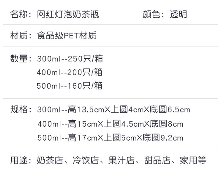 (箱) 創意燈泡奶茶瓶一次性網紅個性水果茶瓶加厚透明飲料瓶pet塑料瓶 (包運送上門)