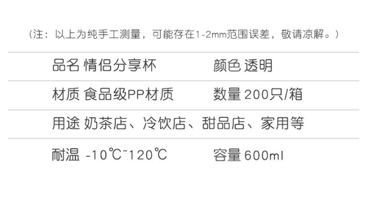 (箱/200隻) 新款一次性情侶塑料杯 600ml飲料杯雙響分享奶茶杯pp注塑杯帶蓋 (包運送上門)