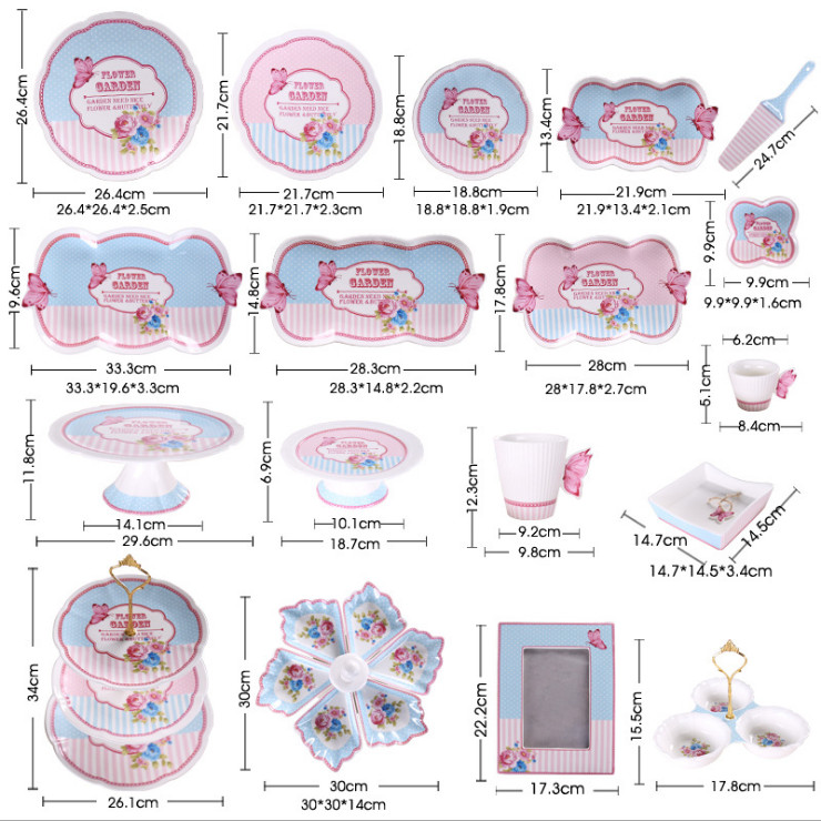 陶瓷餐具套裝 蝴蝶花卉主題西點歐式餐廳婚慶擺台酒店陶瓷糕點盤碗杯碟套裝批發