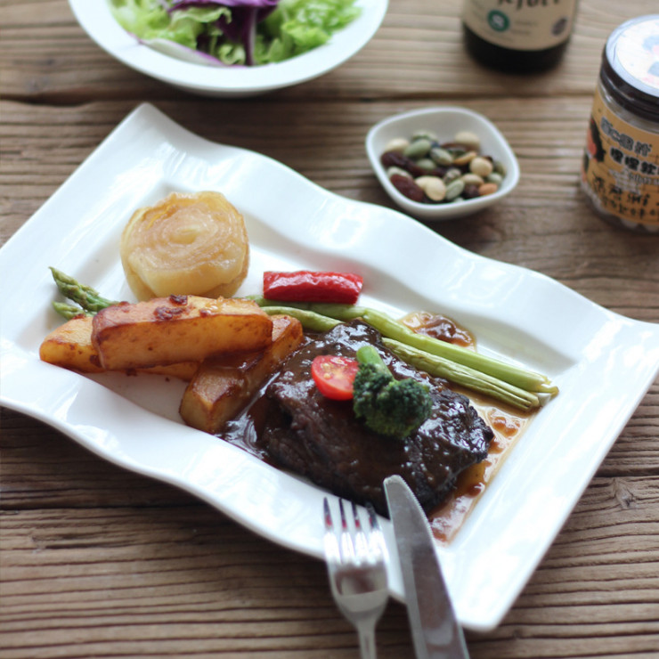 創意酒店陶瓷餐具長方形波浪邊西餐盤簡約牛排盤飯菜盤