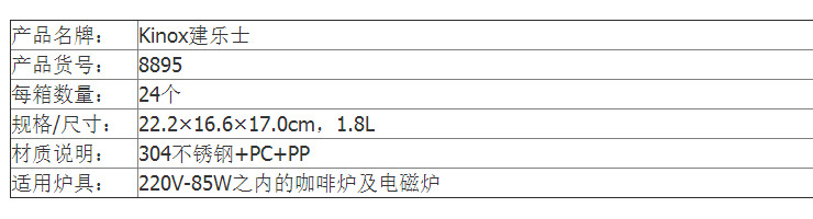 Kinox 304不銹鋼鋼底咖啡壺 僅供保暖款咖啡壺 8895款1.8L