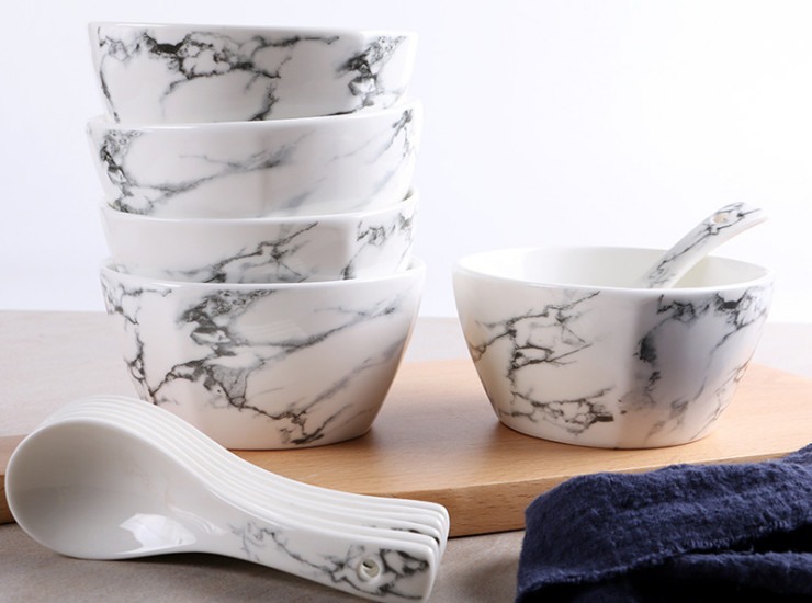 Grey White Marble Tableware Bars marble pattern ceramic bowl spoon creative home salad bowl rice bowl